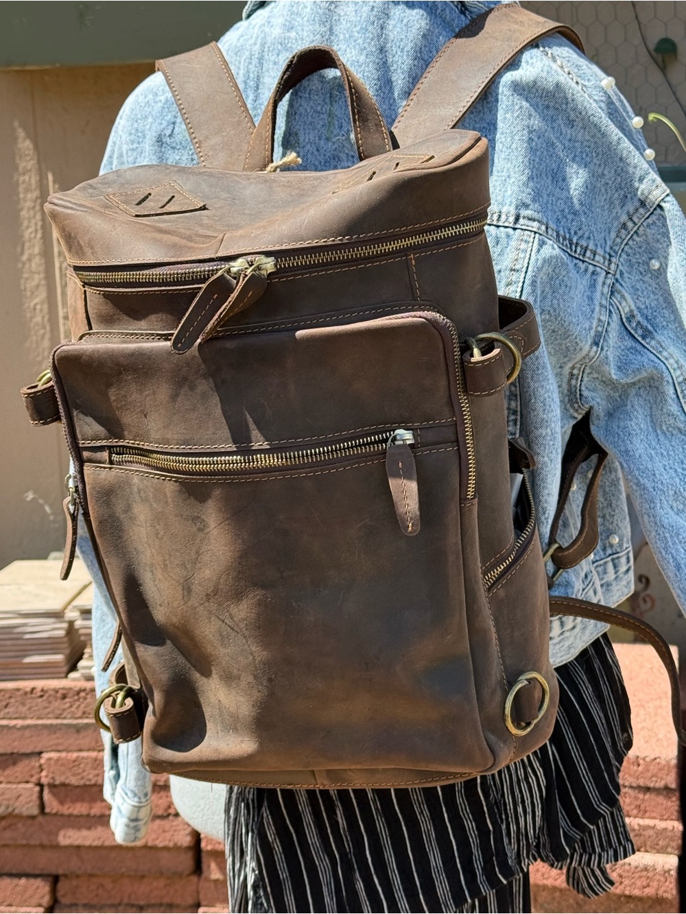Classic Brown Genuine Leather Backpack. Excellent heavy duty brass hardware.